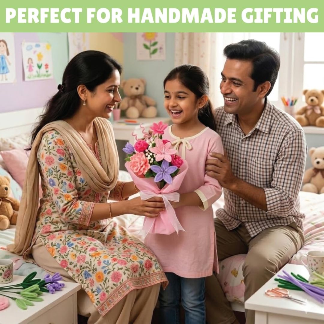 Kalakaram DIY Fuzzy Flower Kit | Pipe Cleaners for Craft Flower Making Set | Fuzzy Chenille & Fluffy Sticks with Floral Tape, Wire & Accessories | Mess-Free Arts & Craft Activity for Kids & Adults
