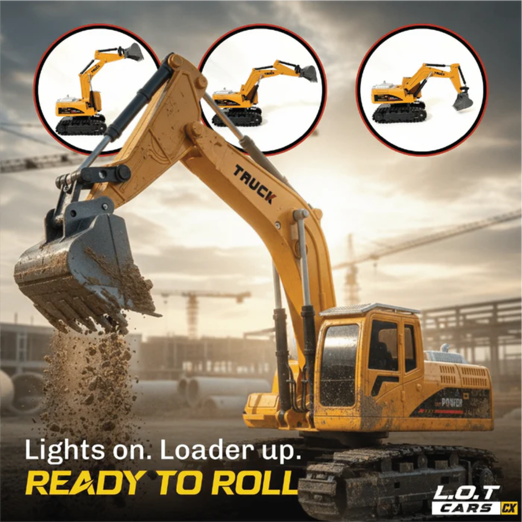 Remote Control Construction Vehicle Fang 6-Channel RC Excavator Toy for Kids with Alloy Arm, Rechargeable Engineering Car, Heavy Duty Machine Construction Toy with Lights & Music (Yellow)