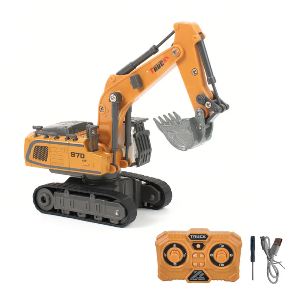 Rift 1:64 Scale Remote Control Construction Vehicle, 13-Channel Excavator Toy for Kids, Rechargeable Engineering Car, Heavy Duty Machine Construction Toy with Lights & Music (Yellow)