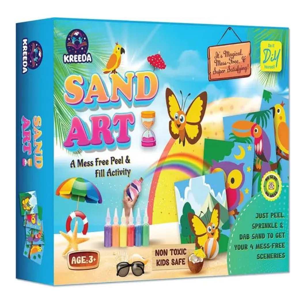 KREEDA- Sand Art & Craft Kit | Mess free Creative Activity | Birds & Butterfly DIY kit | 50+ Star Shaped Stickers and 6 Colourful Sand Bottles. Gifts for Girls & Boys Ages 4, 5, 6, 7, 8, 9, 10, 11, 12