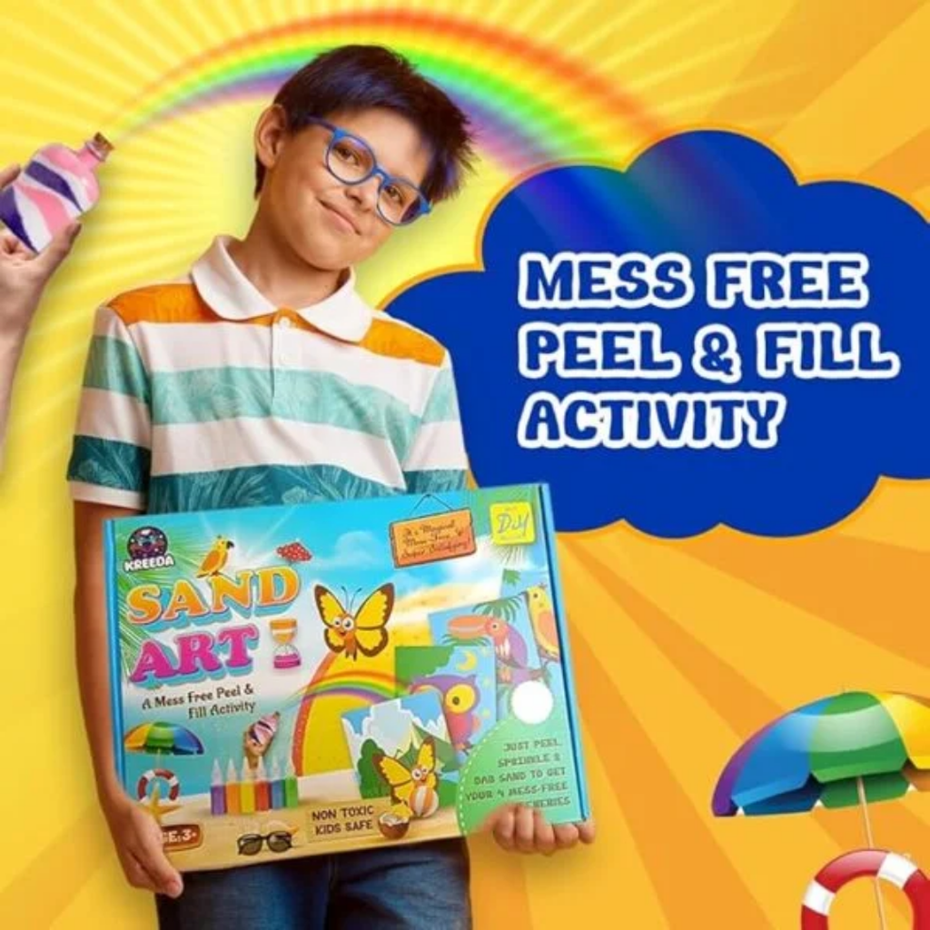 KREEDA- Sand Art & Craft Kit | Mess free Creative Activity | Birds & Butterfly DIY kit | 50+ Star Shaped Stickers and 6 Colourful Sand Bottles. Gifts for Girls & Boys Ages 4, 5, 6, 7, 8, 9, 10, 11, 12