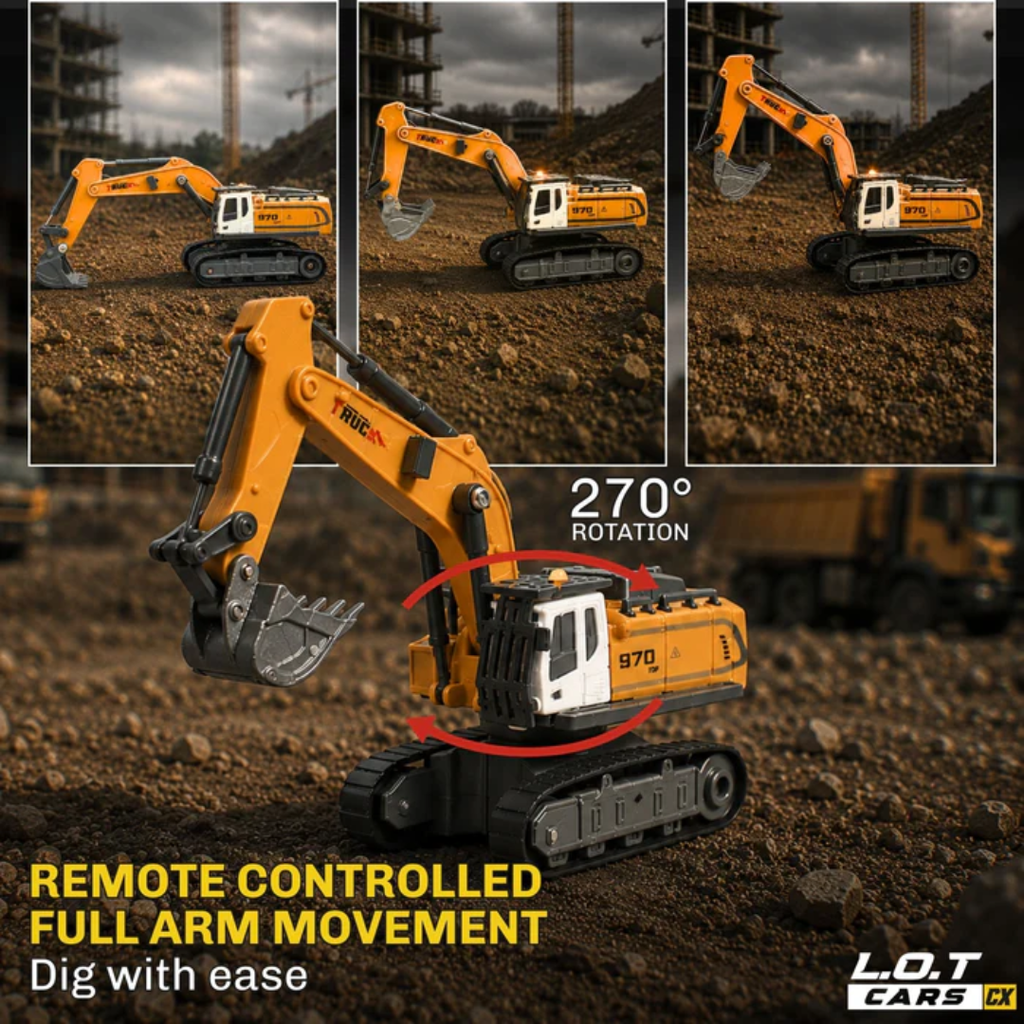 Rift 1:64 Scale Remote Control Construction Vehicle, 13-Channel Excavator Toy for Kids, Rechargeable Engineering Car, Heavy Duty Machine Construction Toy with Lights & Music (Yellow)