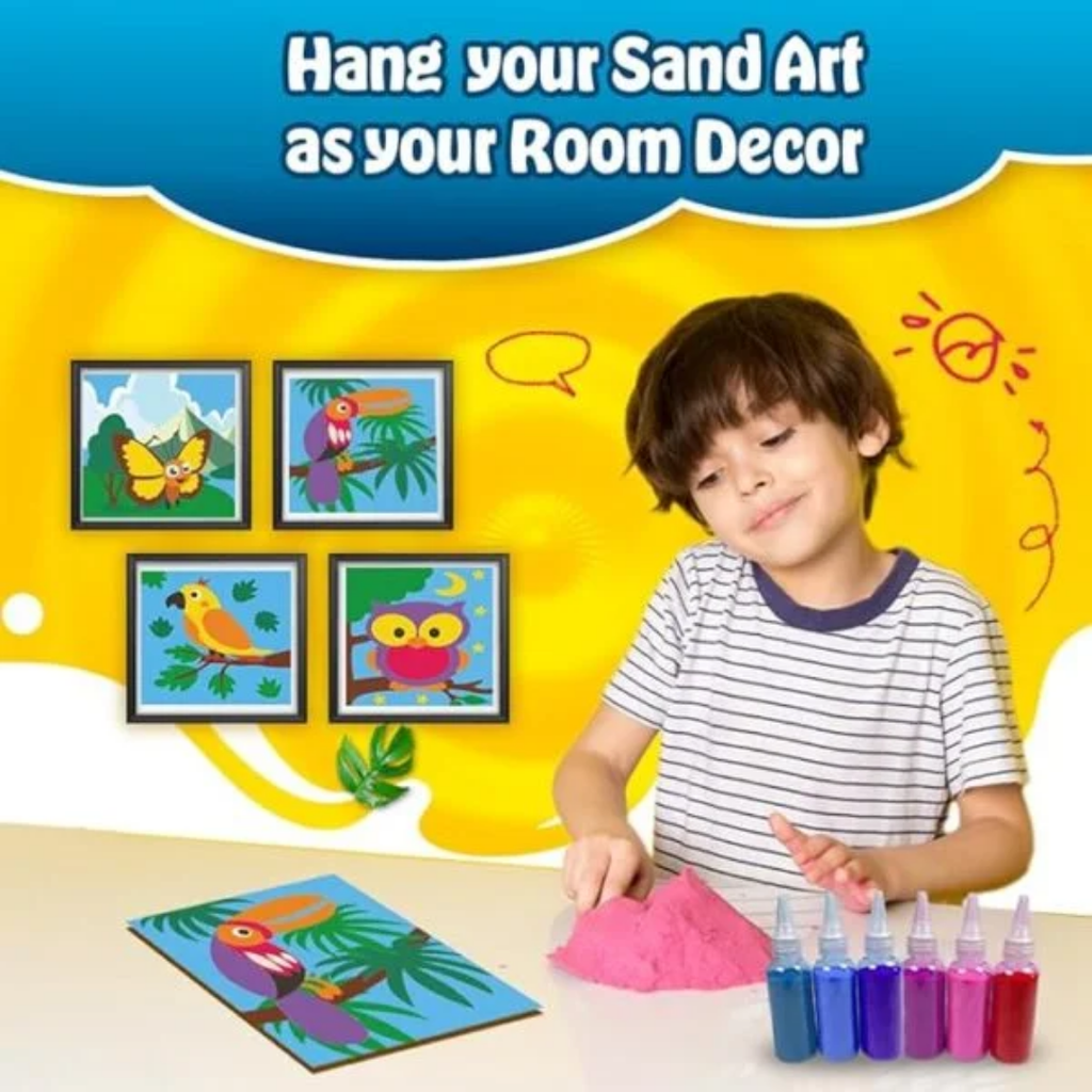 KREEDA- Sand Art & Craft Kit | Mess free Creative Activity | Birds & Butterfly DIY kit | 50+ Star Shaped Stickers and 6 Colourful Sand Bottles. Gifts for Girls & Boys Ages 4, 5, 6, 7, 8, 9, 10, 11, 12