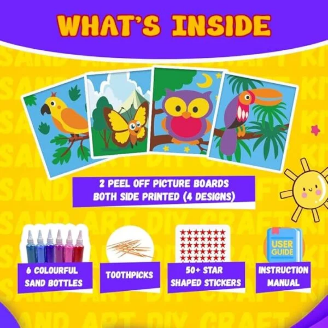 KREEDA- Sand Art & Craft Kit | Mess free Creative Activity | Birds & Butterfly DIY kit | 50+ Star Shaped Stickers and 6 Colourful Sand Bottles. Gifts for Girls & Boys Ages 4, 5, 6, 7, 8, 9, 10, 11, 12