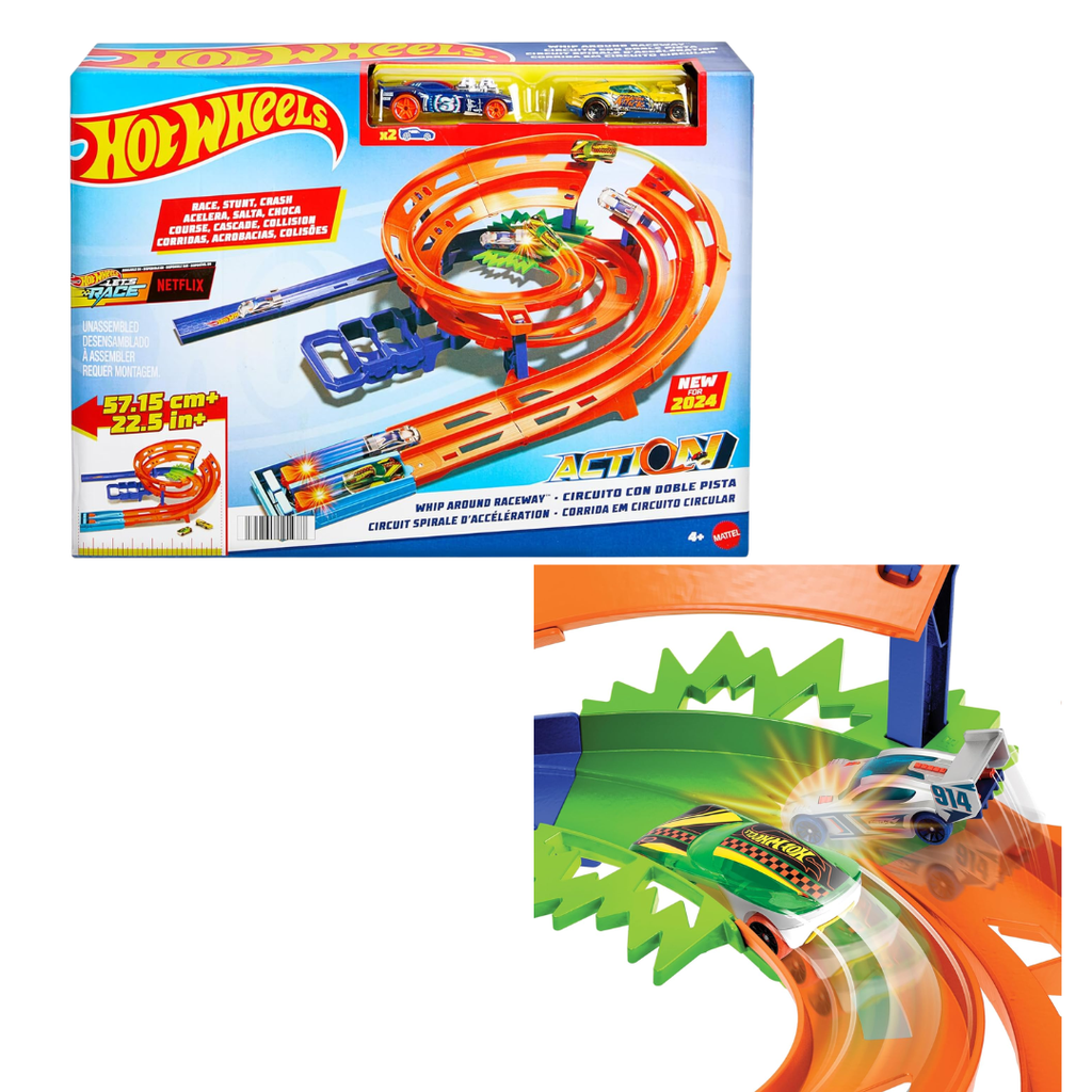 Hot Wheels Whip Around Raceway Track Play Set | Ultimate Racing Fun with Dual Launchers, 2 Cars, and Indoor Fun for Kids 4+ Years