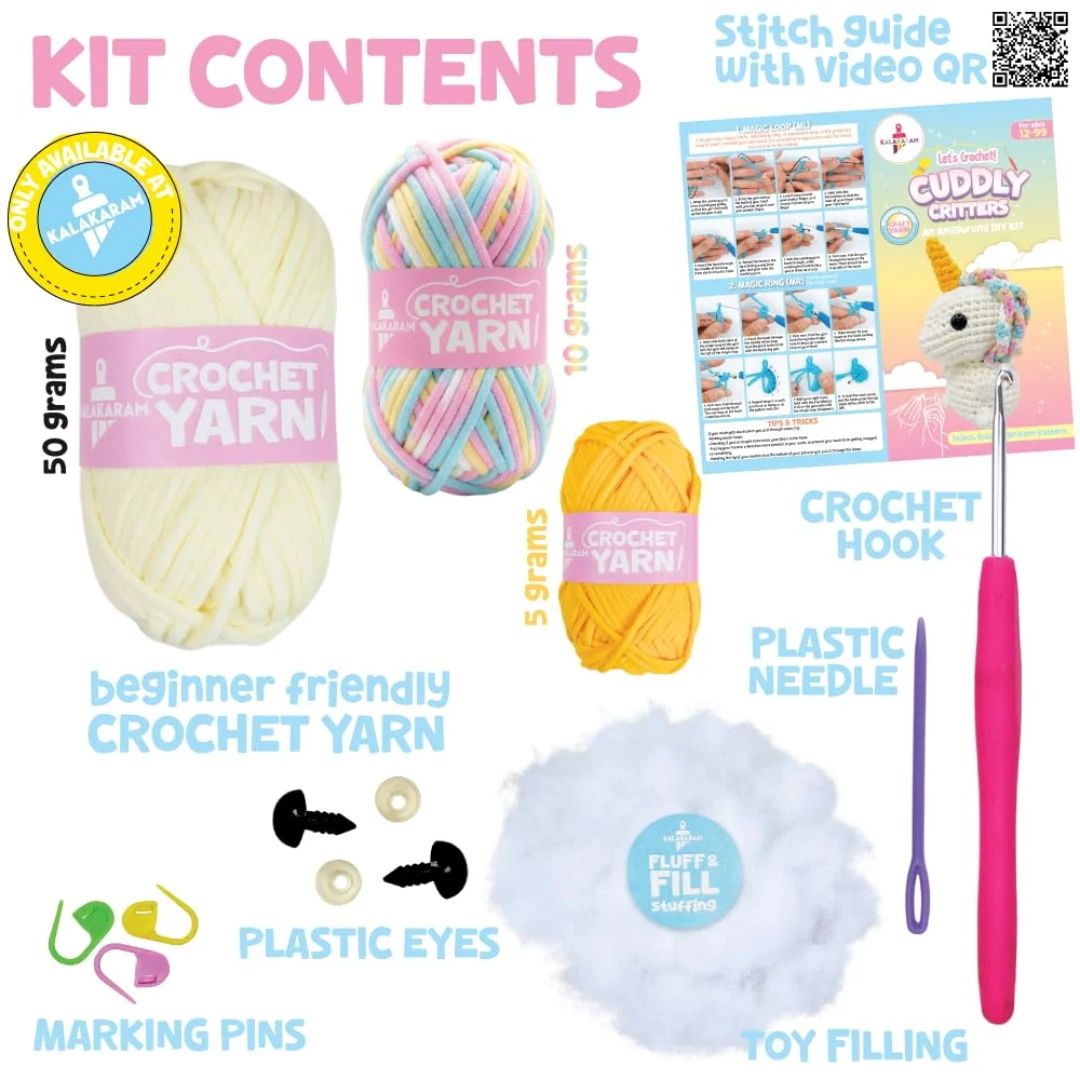 Crochet Kit for Beginners | Cuddly Critters Amigurumi Kit | Make Unicorn Toy | Age: 12+ Years