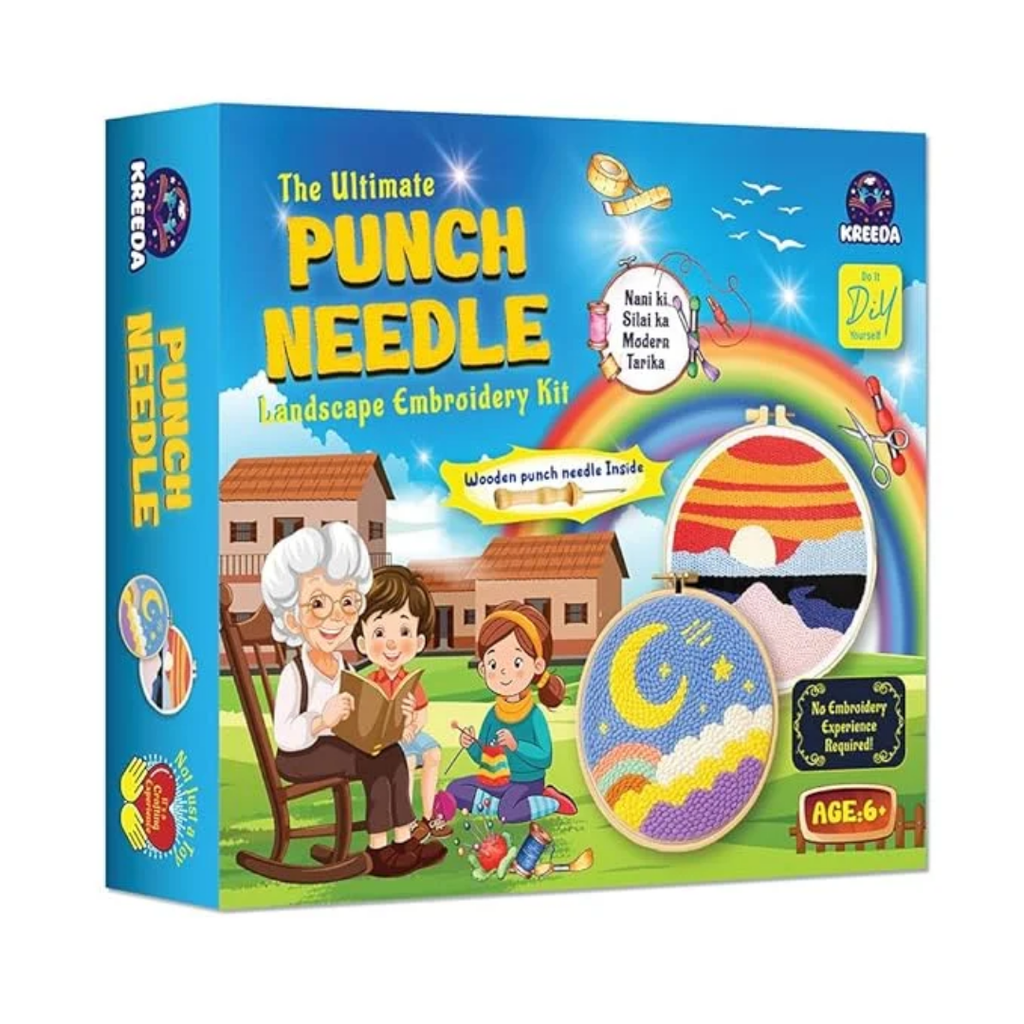 KREEDA Punch Needle Embroidery Kit, DIY Activity With Wooden Hoop Monk Clothes and Woolen Yarns.