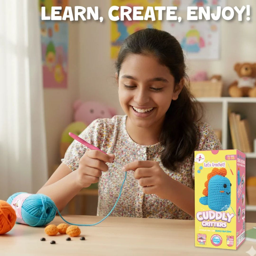 Crochet Kit for Beginners | Cuddly Critters Amigurumi Kit | Make Crochet Dino Toy | Age: 12+ Years