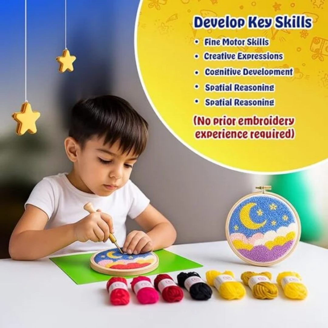KREEDA Punch Needle Embroidery Kit, DIY Activity With Wooden Hoop Monk Clothes and Woolen Yarns.