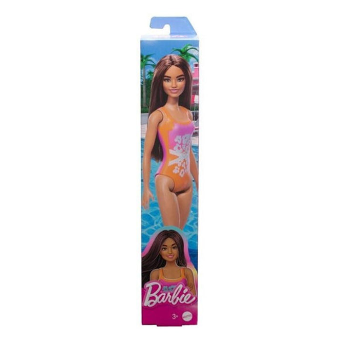 Barbie Beach Doll with Light Brown Hair, Pink and Orange One-Piece Swimsuit with Tropical Print, Pool and Beach Toys