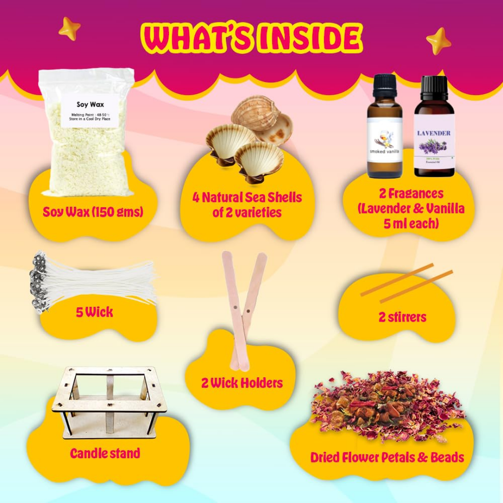 KREEDA Candle Making Kit for Kids & Adults | 4 Big Natural Sea Shells for candle making | Lavender & Vanilla fragrances | White Soyawax | Dried Flowers | candle making premium Kit for Diwali, Home Decor, Birthday Gift