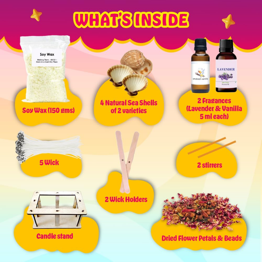 KREEDA Candle Making Kit for Kids & Adults | 4 Big Natural Sea Shells for candle making | Lavender & Vanilla fragrances | White Soyawax | Dried Flowers | candle making premium Kit for Diwali, Home Decor, Birthday Gift