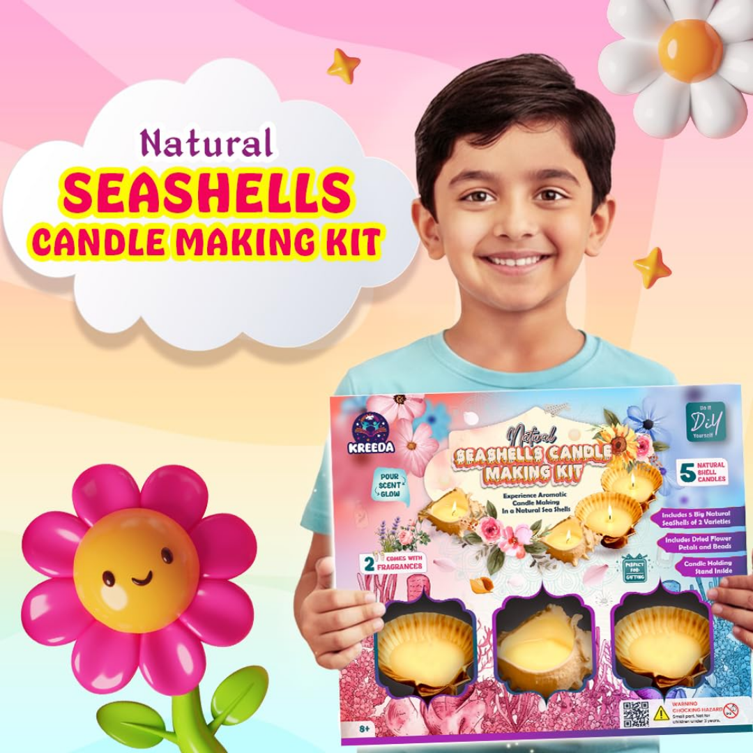 KREEDA Candle Making Kit for Kids & Adults | 4 Big Natural Sea Shells for candle making | Lavender & Vanilla fragrances | White Soyawax | Dried Flowers | candle making premium Kit for Diwali, Home Decor, Birthday Gift