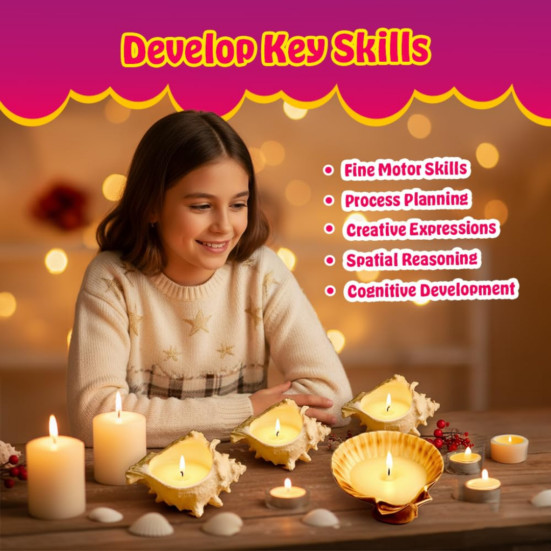 KREEDA Candle Making Kit for Kids & Adults | 4 Big Natural Sea Shells for candle making | Lavender & Vanilla fragrances | White Soyawax | Dried Flowers | candle making premium Kit for Diwali, Home Decor, Birthday Gift