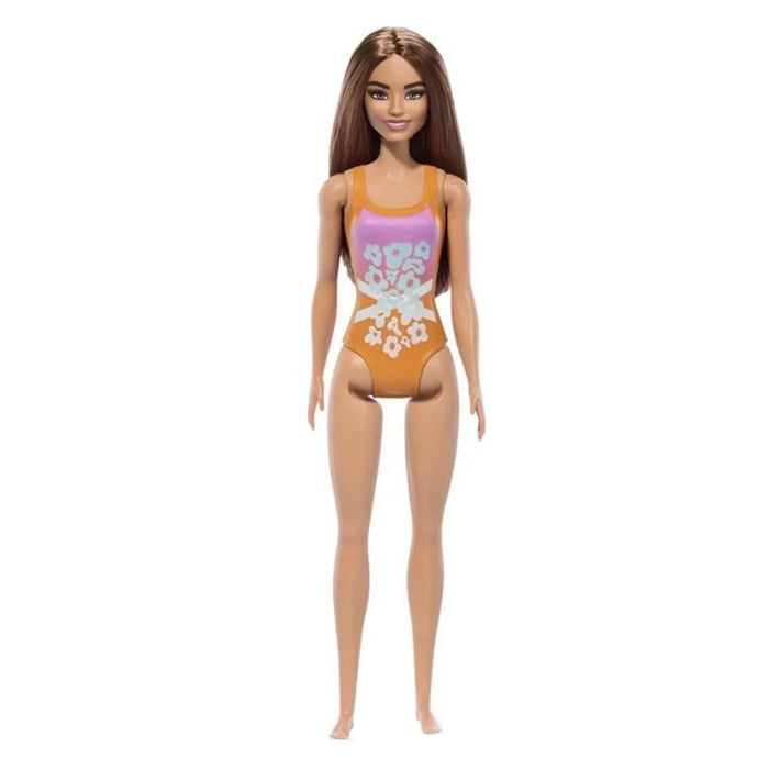 Barbie Beach Doll with Light Brown Hair, Pink and Orange One-Piece Swimsuit with Tropical Print, Pool and Beach Toys