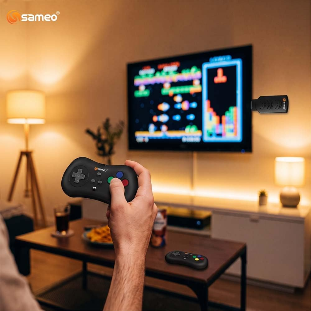 Sameo Micro Genius 2.0 8-Bit HDMI Gaming Console | 800 Built-in HD Games | Plug & Play TV Game Stick | 2 Wireless Controllers | HDMI Compatible | BIS Certified | 6 Months Warranty - Black Visit the Sameo Store