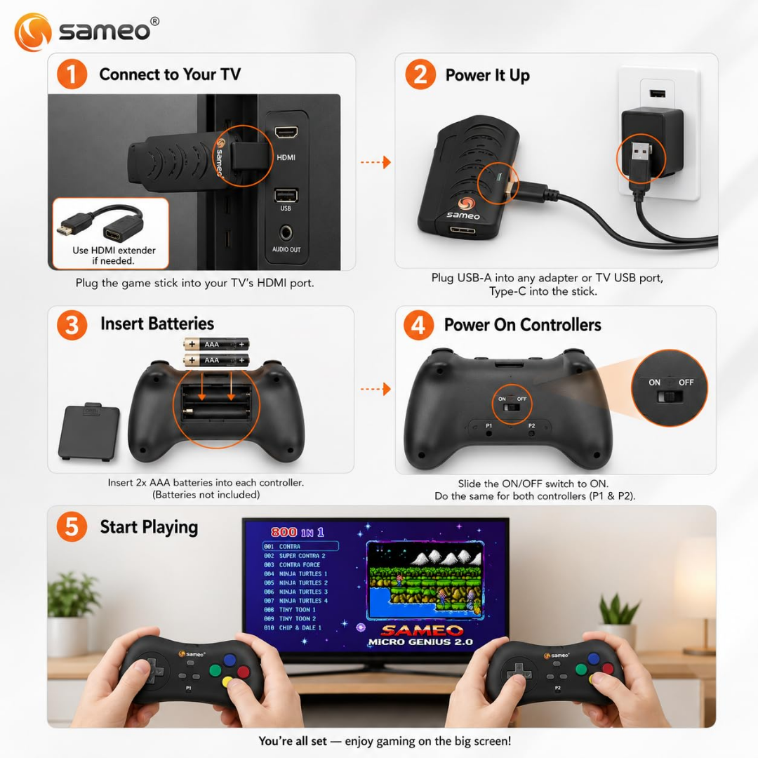 Sameo Micro Genius 2.0 8-Bit HDMI Gaming Console | 800 Built-in HD Games | Plug & Play TV Game Stick | 2 Wireless Controllers | HDMI Compatible | BIS Certified | 6 Months Warranty - Black Visit the Sameo Store
