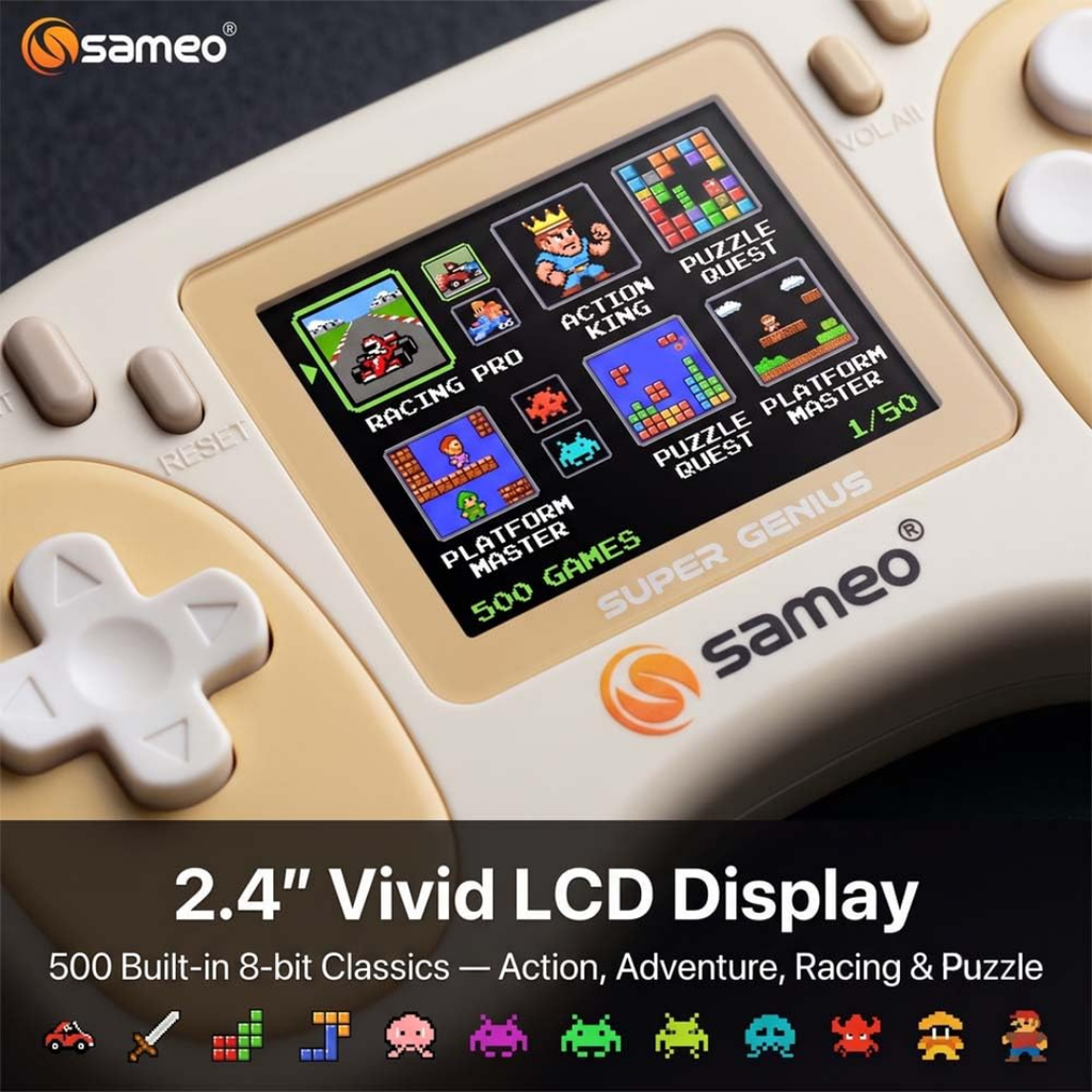 Sameo Super Genius Handheld Gaming Console | 500+ Built-in Classic Retro 8-Bit Games | 2.4" LCD Color Display | 600mAh Rechargeable Battery | Portable Gaming Device for Kids & Adults - Warm Clay