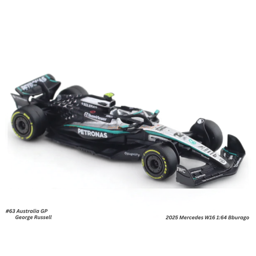 2025 Mercedes-Benz W16 No 63 1:64 Bburago Licensed Diecast Formula 1 Scale Model Car Collectible