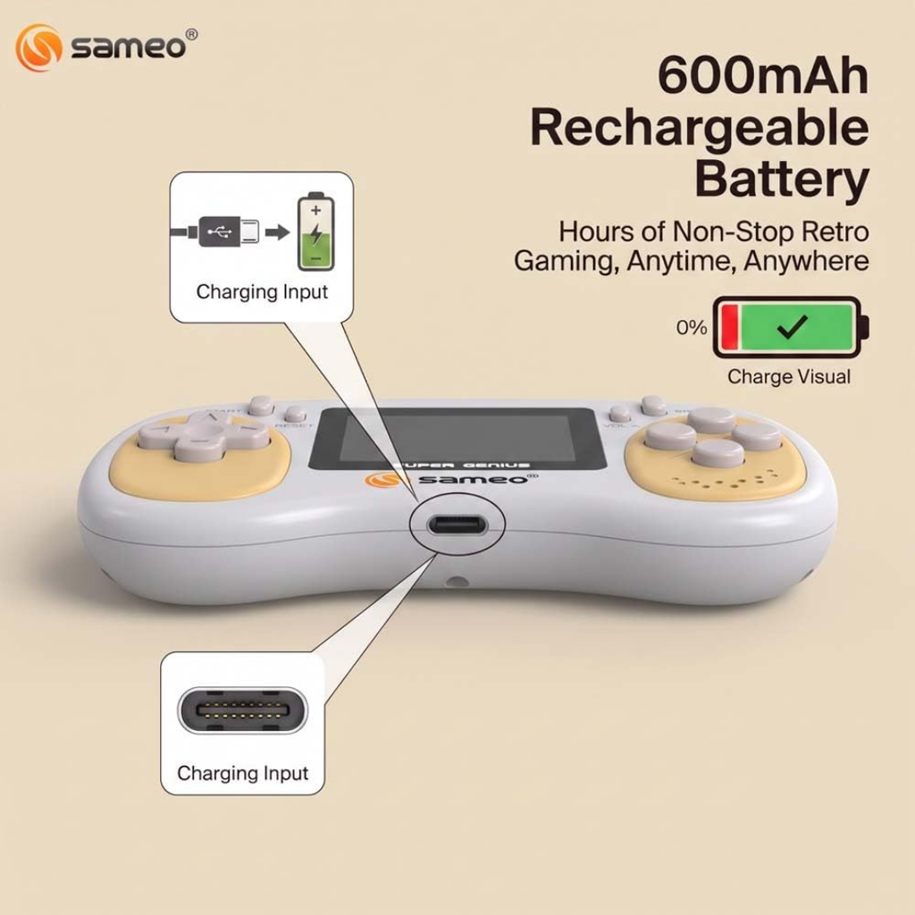 Sameo Super Genius Handheld Gaming Console | 500+ Built-in Classic Retro 8-Bit Games | 2.4" LCD Color Display | 600mAh Rechargeable Battery | Portable Gaming Device for Kids & Adults - Warm Clay