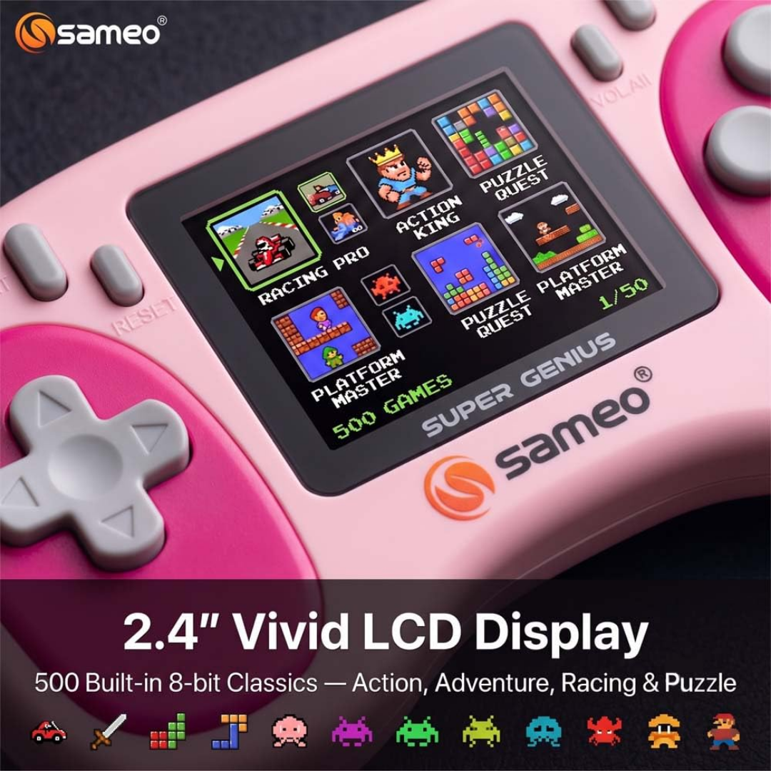Sameo Super Genius Handheld Gaming Console | 500+ Built-in Classic Retro 8-Bit Games | 2.4" LCD Color Display | 600mAh Rechargeable Battery | Portable Gaming Device for Kids & Adults - Cherry Bomb