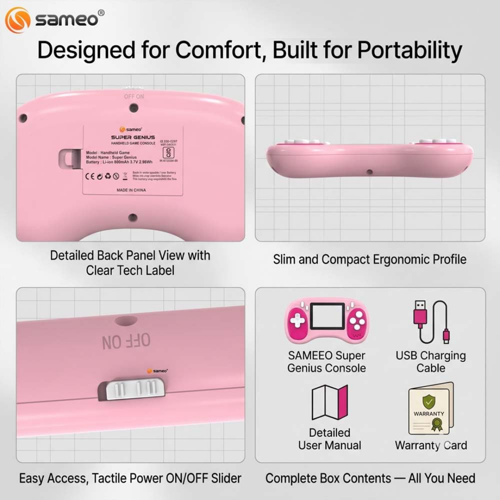 Sameo Super Genius Handheld Gaming Console | 500+ Built-in Classic Retro 8-Bit Games | 2.4" LCD Color Display | 600mAh Rechargeable Battery | Portable Gaming Device for Kids & Adults - Cherry Bomb