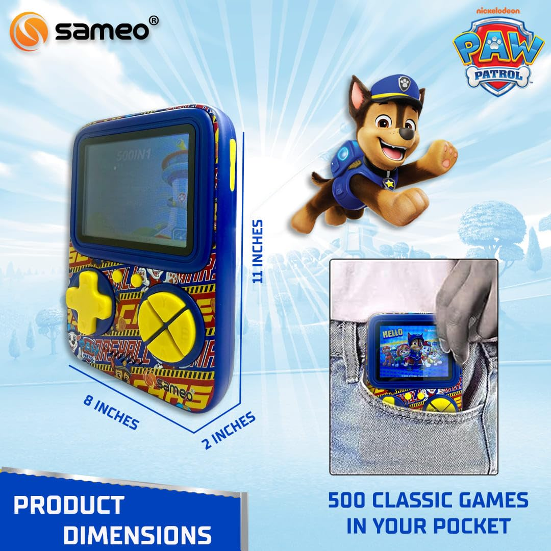 Sameo SG3000 Paw Patrol Edition Handheld Video Game Console, Retro Mini Game with 500 Classic Retro Game TV Compatible for Kids, Rechargeable - Chase Blue