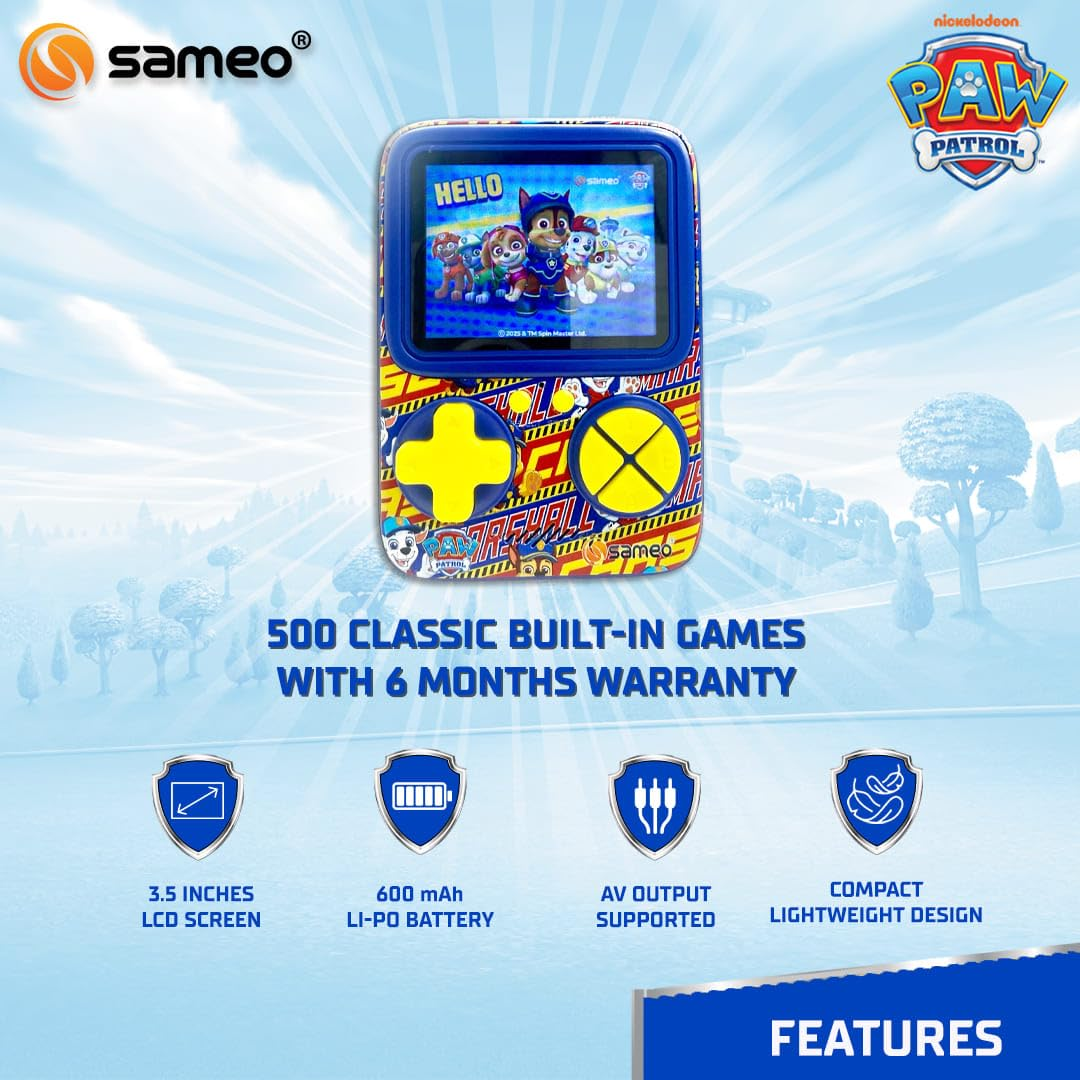 Sameo SG3000 Paw Patrol Edition Handheld Video Game Console, Retro Mini Game with 500 Classic Retro Game TV Compatible for Kids, Rechargeable - Chase Blue