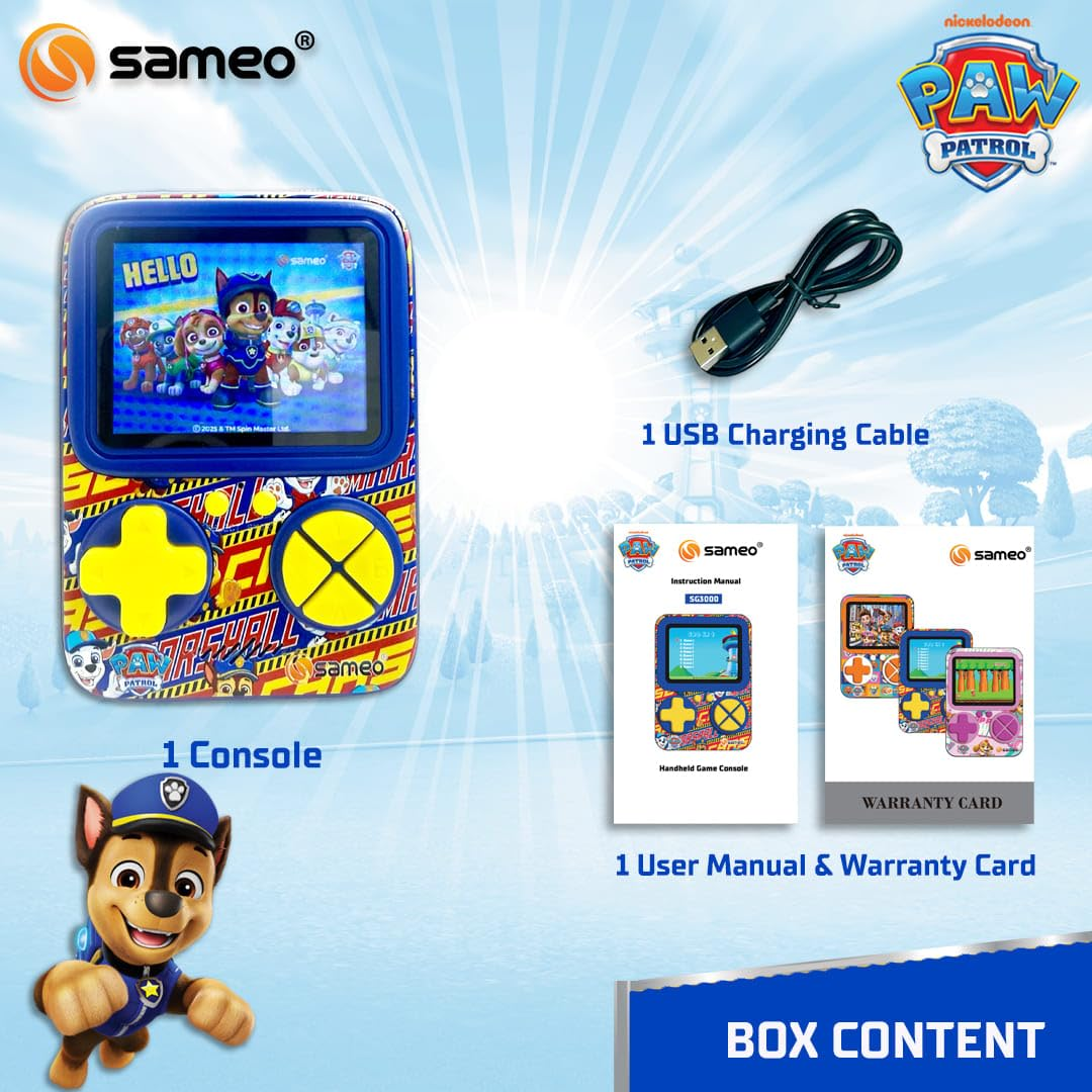 Sameo SG3000 Paw Patrol Edition Handheld Video Game Console, Retro Mini Game with 500 Classic Retro Game TV Compatible for Kids, Rechargeable - Chase Blue