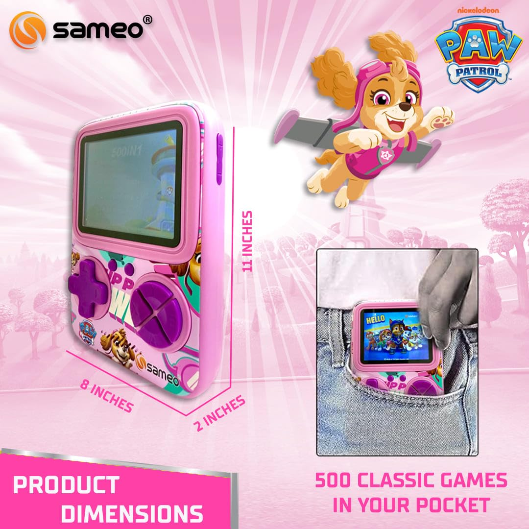 Sameo SG3000 Paw Patrol Edition Handheld Video Game Console, Retro Mini Game with 500 Classic Retro Game TV Compatible for Kids, Rechargeable - Skye Pink
