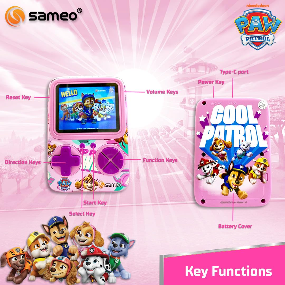 Sameo SG3000 Paw Patrol Edition Handheld Video Game Console, Retro Mini Game with 500 Classic Retro Game TV Compatible for Kids, Rechargeable - Skye Pink