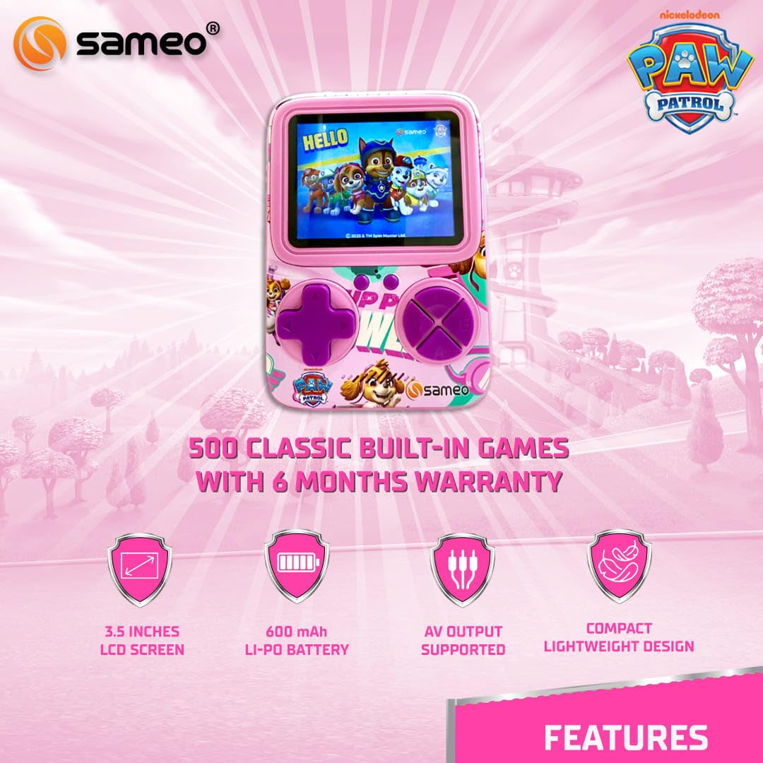 Sameo SG3000 Paw Patrol Edition Handheld Video Game Console, Retro Mini Game with 500 Classic Retro Game TV Compatible for Kids, Rechargeable - Skye Pink