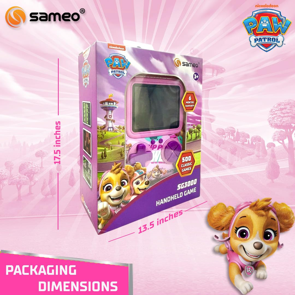 Sameo SG3000 Paw Patrol Edition Handheld Video Game Console, Retro Mini Game with 500 Classic Retro Game TV Compatible for Kids, Rechargeable - Skye Pink
