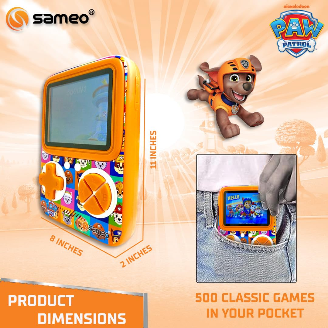 Sameo SG3000 Paw Patrol Edition Handheld Video Game Console, Retro Mini Game with 500 Classic Retro Game TV Compatible for Kids, Rechargeable - Zuma Orange
