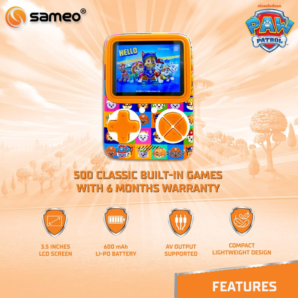 Sameo SG3000 Paw Patrol Edition Handheld Video Game Console, Retro Mini Game with 500 Classic Retro Game TV Compatible for Kids, Rechargeable - Zuma Orange