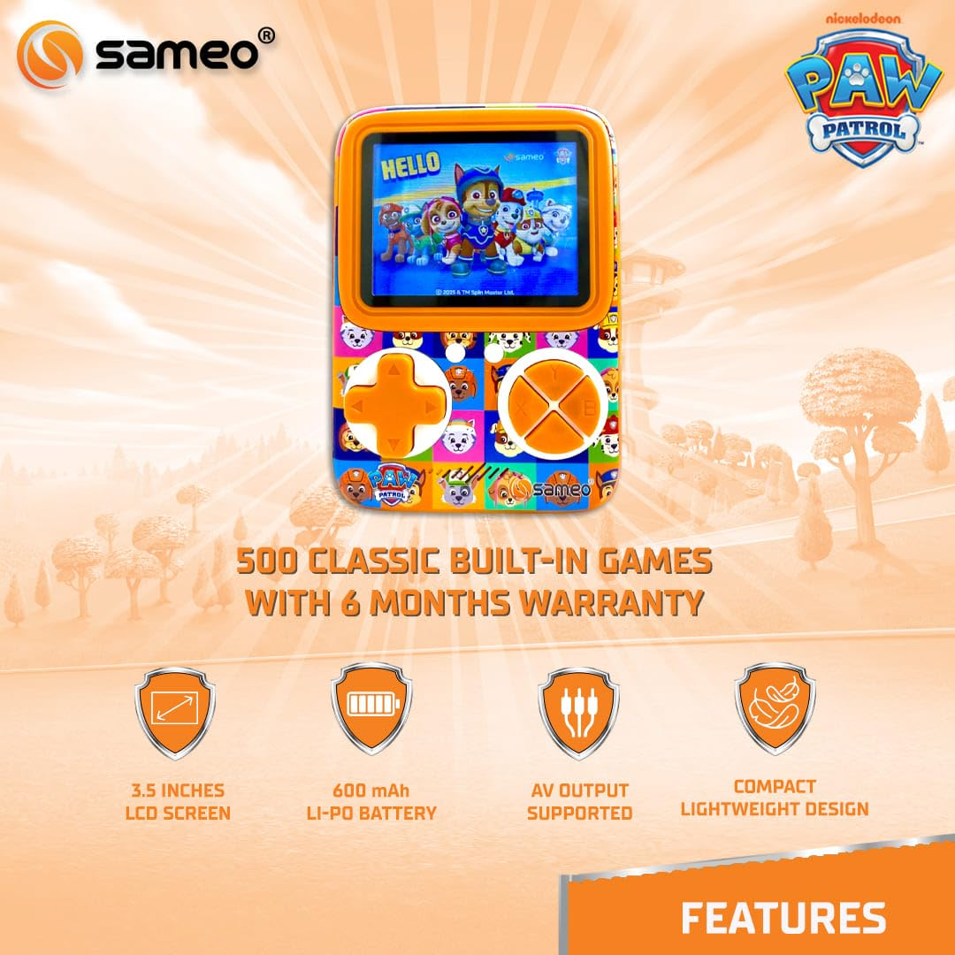 Sameo SG3000 Paw Patrol Edition Handheld Video Game Console, Retro Mini Game with 500 Classic Retro Game TV Compatible for Kids, Rechargeable - Zuma Orange