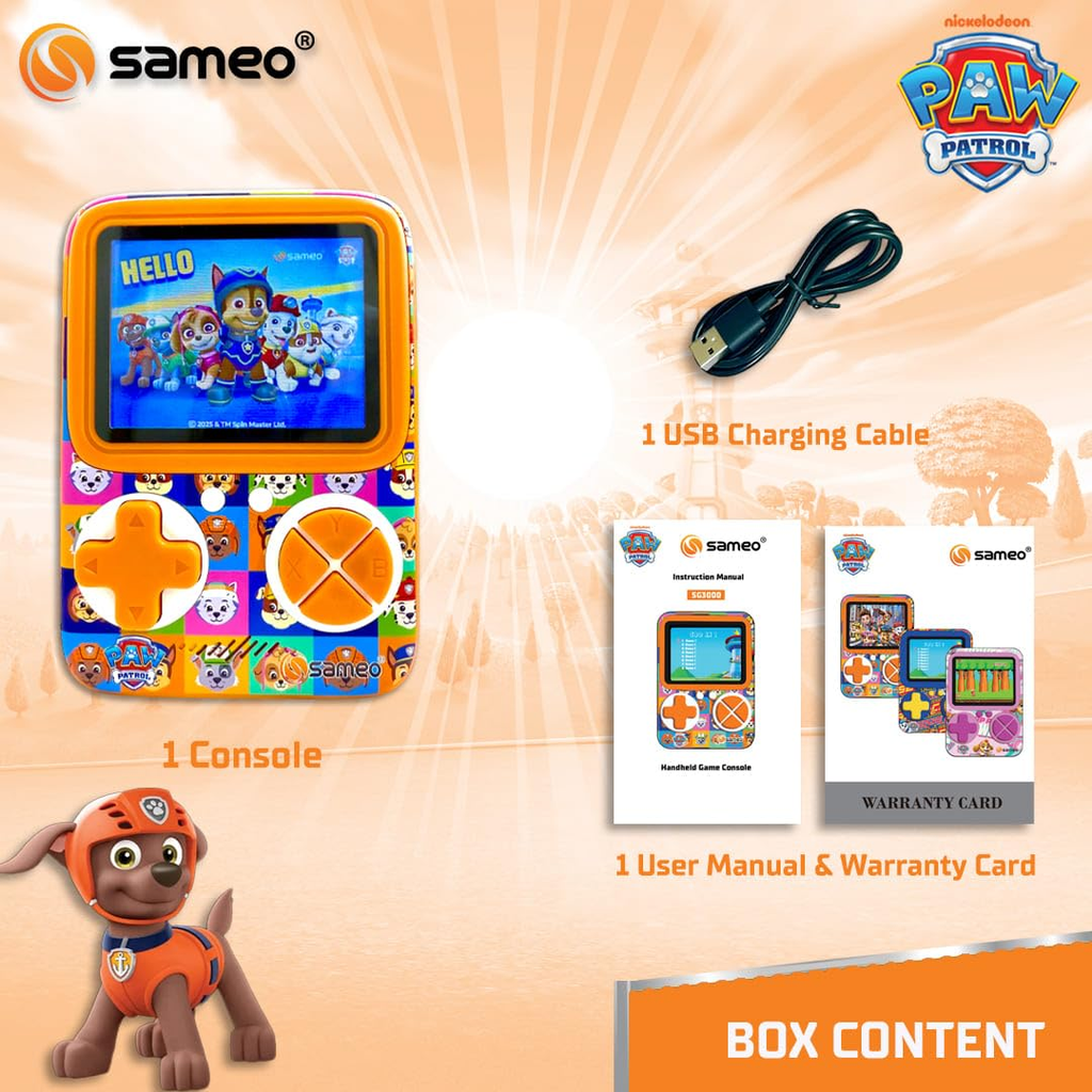 Sameo SG3000 Paw Patrol Edition Handheld Video Game Console, Retro Mini Game with 500 Classic Retro Game TV Compatible for Kids, Rechargeable - Zuma Orange