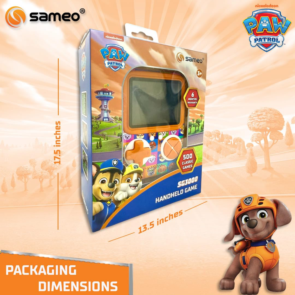 Sameo SG3000 Paw Patrol Edition Handheld Video Game Console, Retro Mini Game with 500 Classic Retro Game TV Compatible for Kids, Rechargeable - Zuma Orange