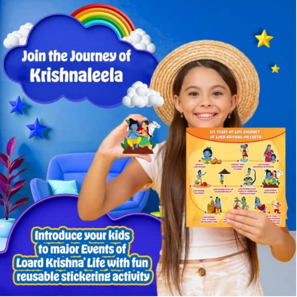 Krishnaleela | 2-in-1 Board Game for Kids & Adults | Reusable Stickering Activity | Lord Krishna Story