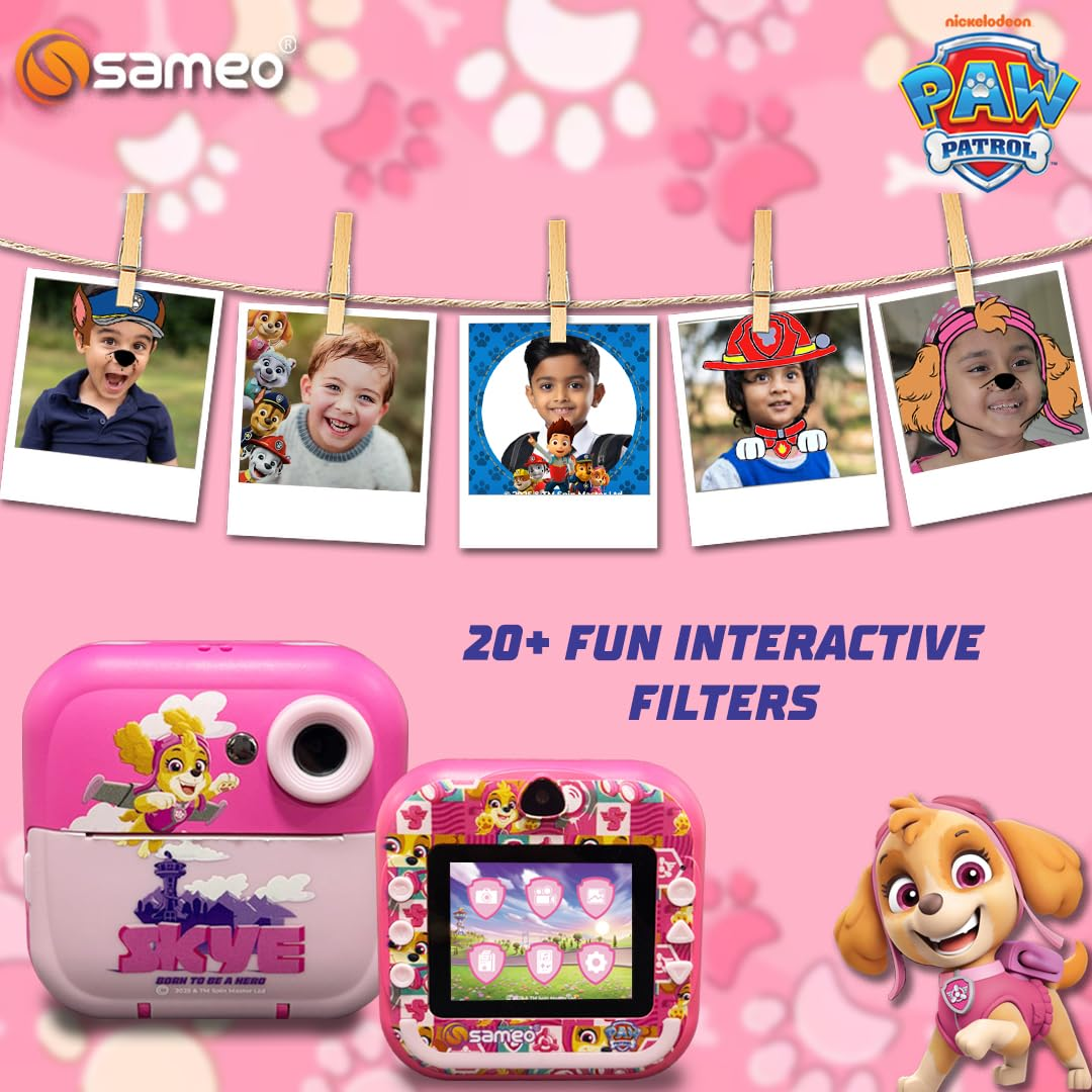 Sameo SC-Q5 Paw Patrol Edition Instant Print Camera for Kids| Ink-Free Thermal Printing | Kids Digital Camera with 2.4” IPS Screen | 32GB Card, Sticker Paper & Pens - Skpe Pink