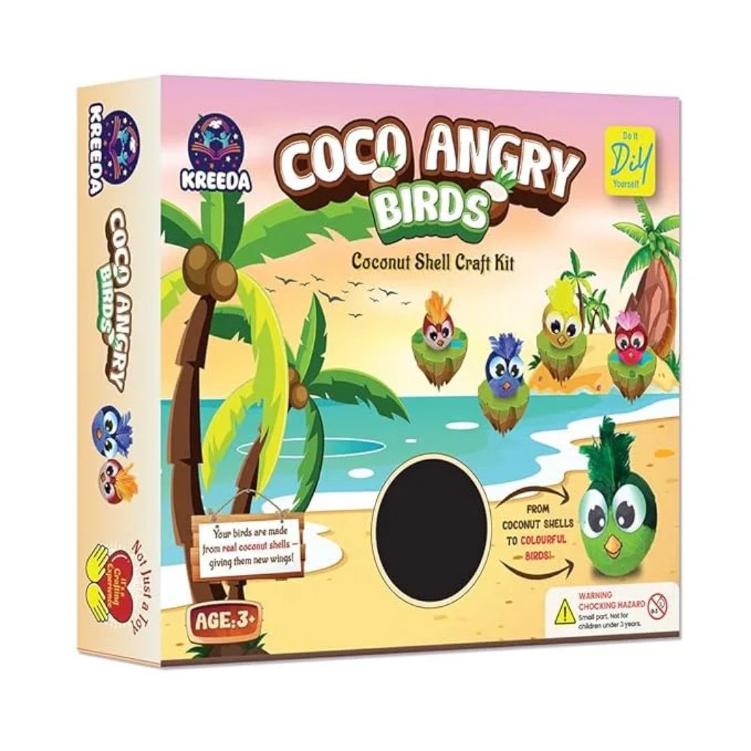 KREEDA- Coconut Shells Art & Craft Kit, CocoAngry Birds DIY Creative Activity, Coconut Shell Painting