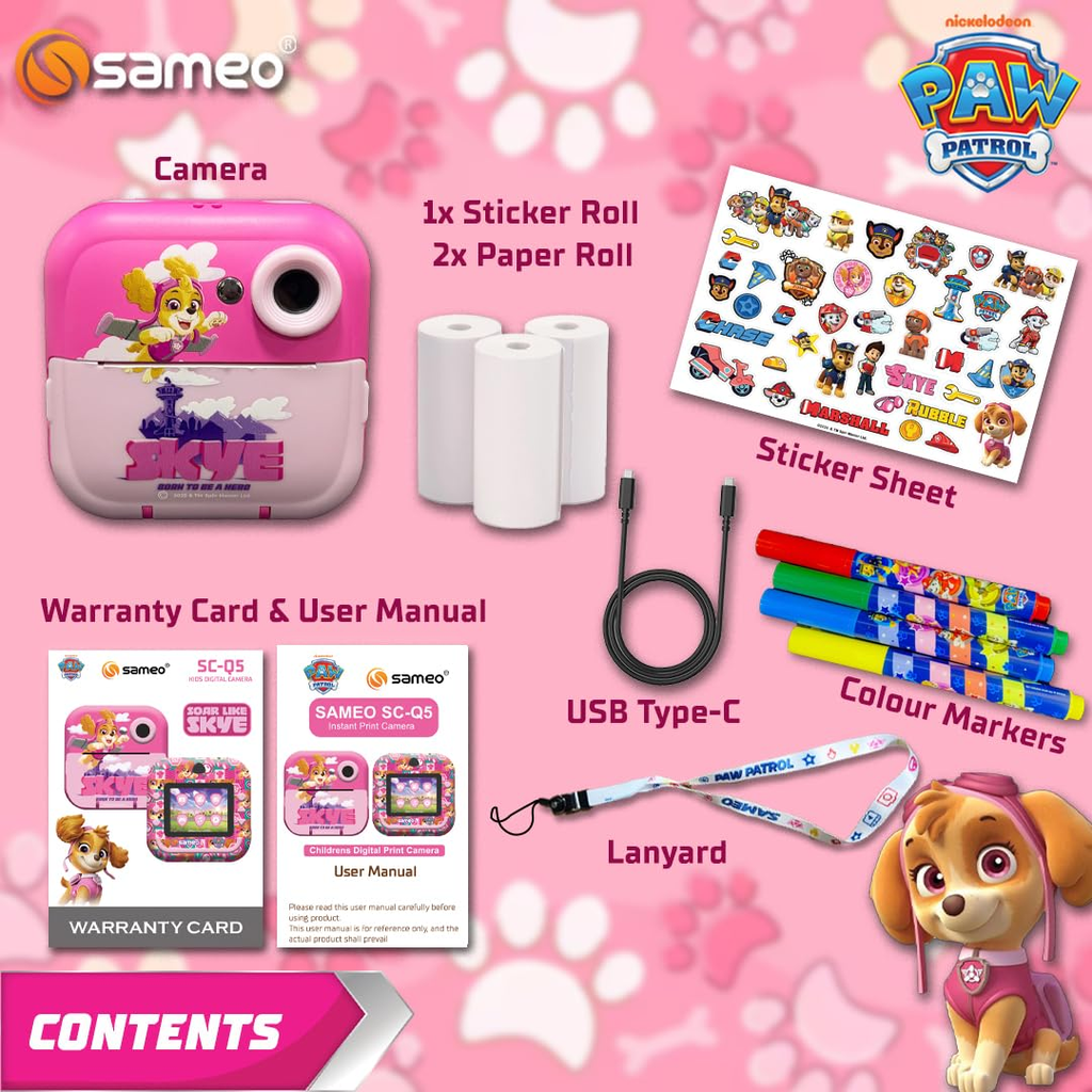 Sameo SC-Q5 Paw Patrol Edition Instant Print Camera for Kids| Ink-Free Thermal Printing | Kids Digital Camera with 2.4” IPS Screen | 32GB Card, Sticker Paper & Pens - Skpe Pink