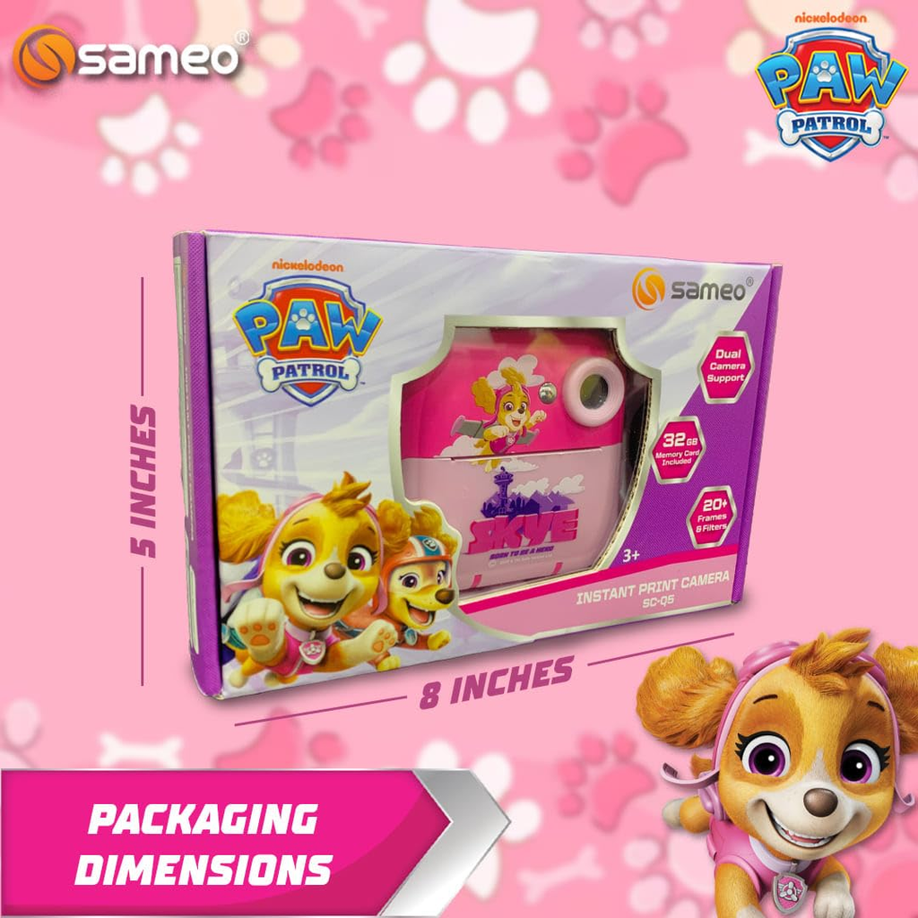 Sameo SC-Q5 Paw Patrol Edition Instant Print Camera for Kids| Ink-Free Thermal Printing | Kids Digital Camera with 2.4” IPS Screen | 32GB Card, Sticker Paper & Pens - Skpe Pink