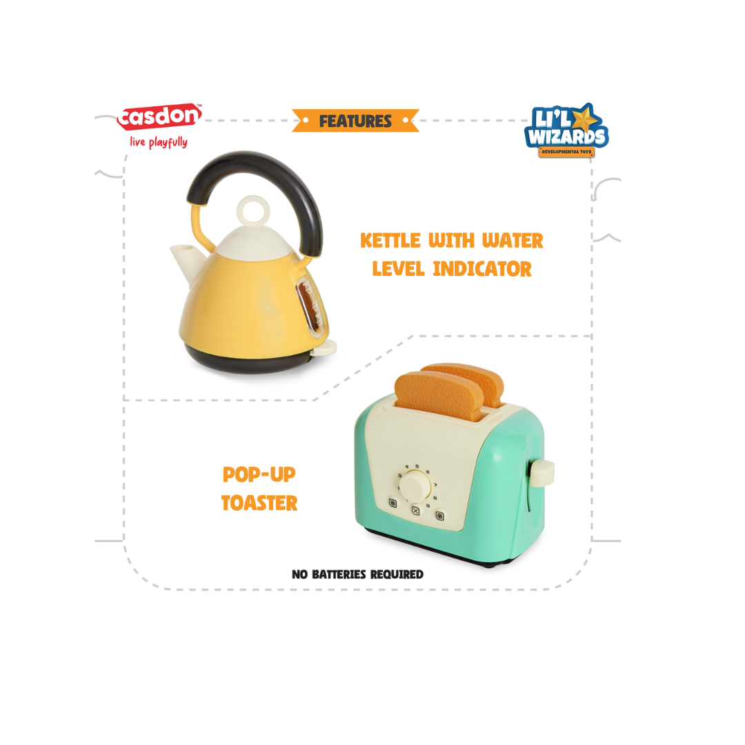Casdon Toaster & Kettle Set, Casdon Home X Li'l Wizards|Pretend Play Toys for Kids|Realistic Appliances with Play Food|Interactive Toy Toaster & Kettle for Children Aged 3+