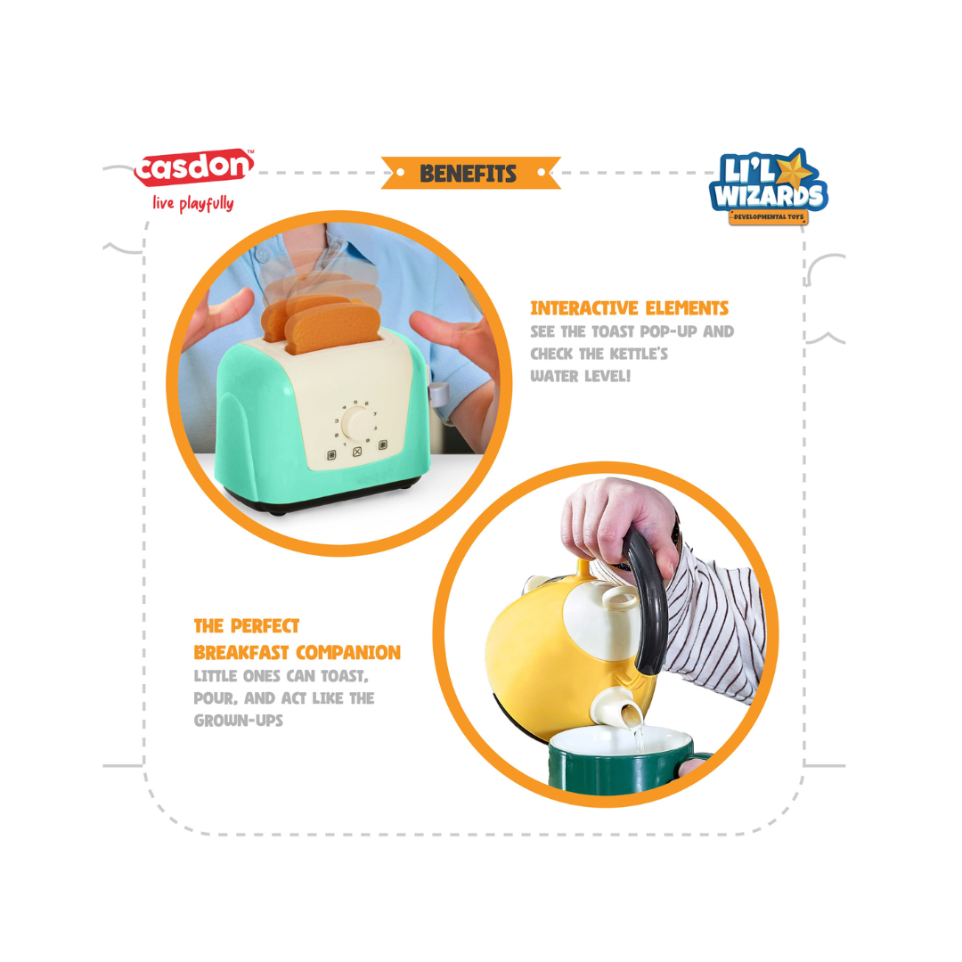 Casdon Toaster & Kettle Set, Casdon Home X Li'l Wizards|Pretend Play Toys for Kids|Realistic Appliances with Play Food|Interactive Toy Toaster & Kettle for Children Aged 3+