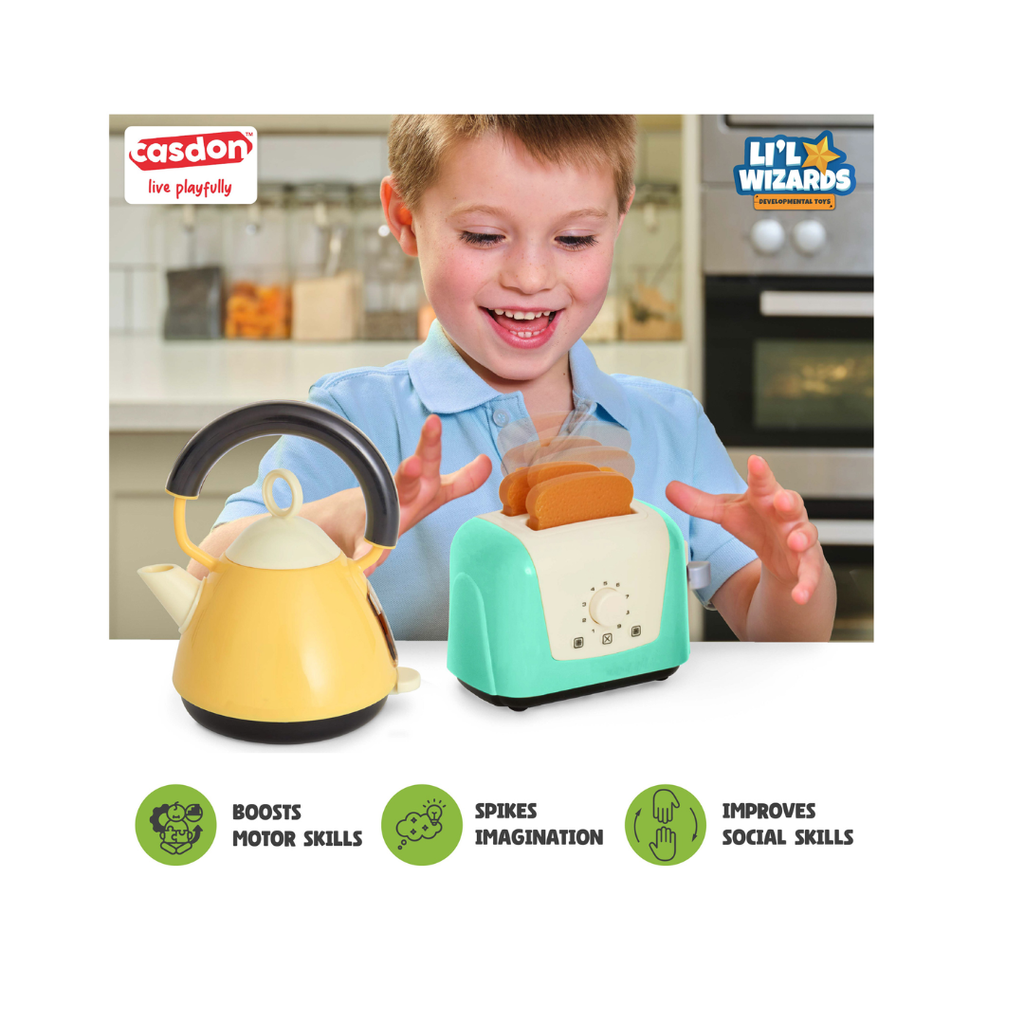 Casdon Toaster & Kettle Set, Casdon Home X Li'l Wizards|Pretend Play Toys for Kids|Realistic Appliances with Play Food|Interactive Toy Toaster & Kettle for Children Aged 3+