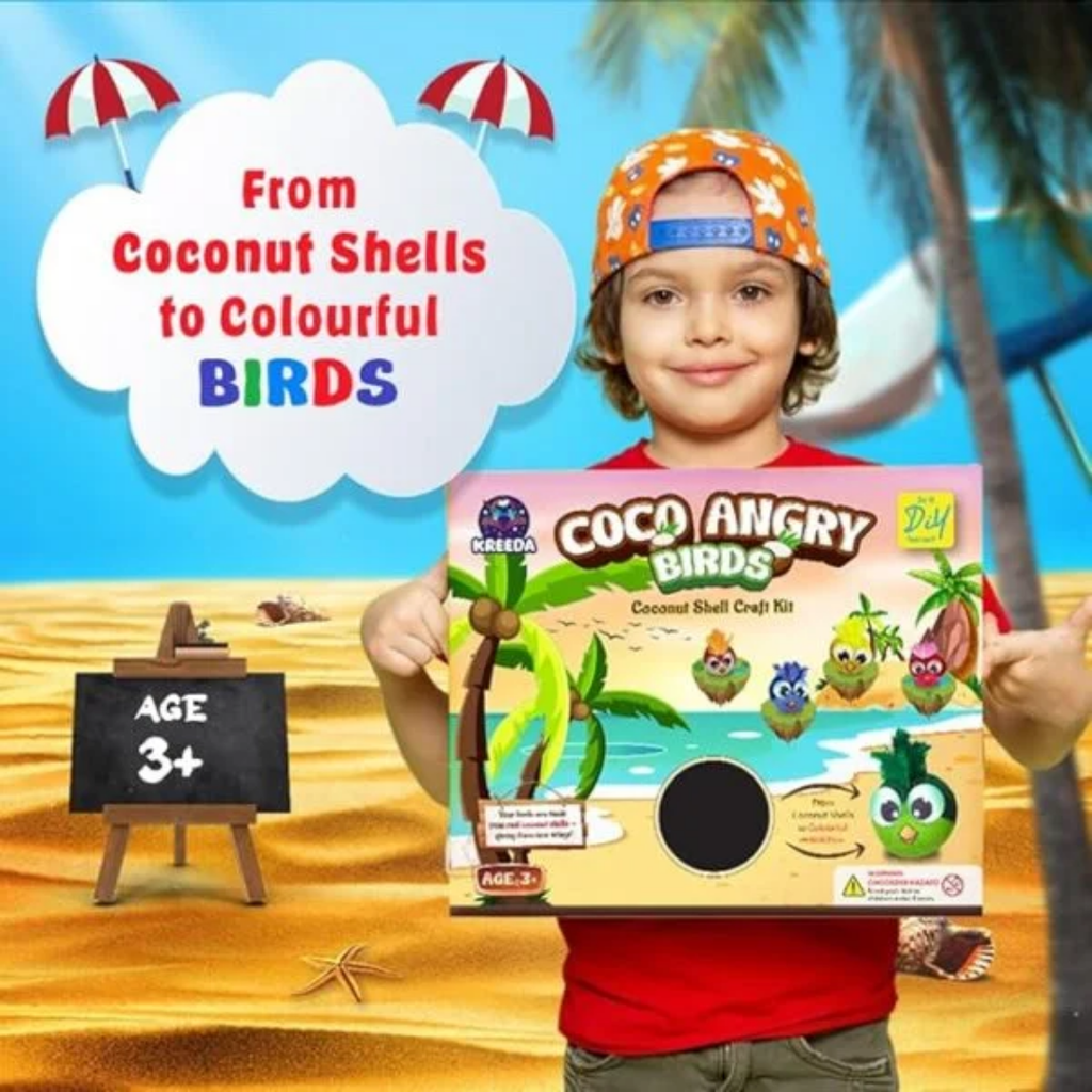 KREEDA- Coconut Shells Art & Craft Kit, CocoAngry Birds DIY Creative Activity, Coconut Shell Painting