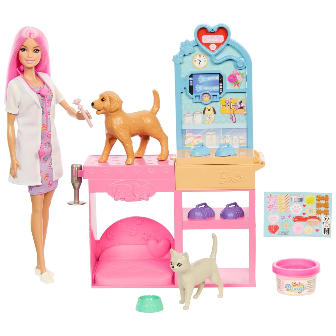 Barbie Fast Cast Veterinarian Clinic Playset with Pink Colored Hair Fashion Doll, Vet Furniture & 10+ Accessories Including Molds & Dough for Bandages , JFX93