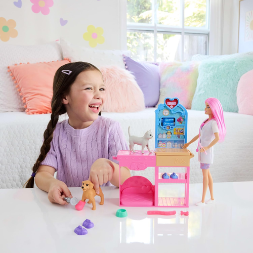 Barbie Fast Cast Veterinarian Clinic Playset with Pink Colored Hair Fashion Doll, Vet Furniture & 10+ Accessories Including Molds & Dough for Bandages , JFX93