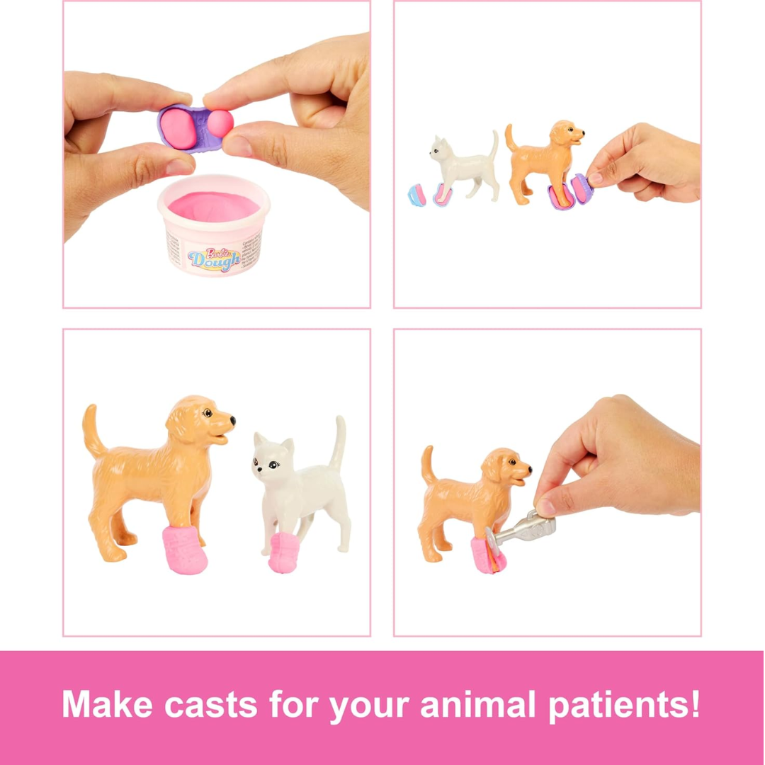 Barbie Fast Cast Veterinarian Clinic Playset with Pink Colored Hair Fashion Doll, Vet Furniture & 10+ Accessories Including Molds & Dough for Bandages , JFX93